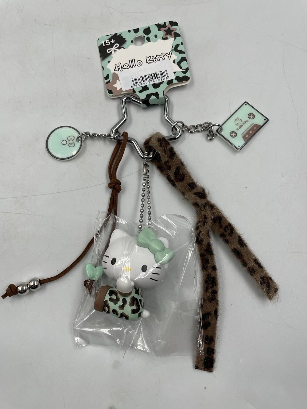 Hello Kitty Keychain Bag Charm Mint Leopard Print Brown Strap Sanrio Miniso